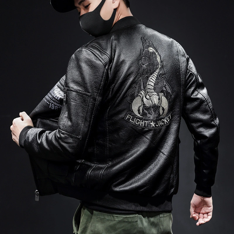 GrogeousBen  Men's Autumn Scorpion Embroidery Men's Leather Lapel PU Leather Motorcycle Jacket