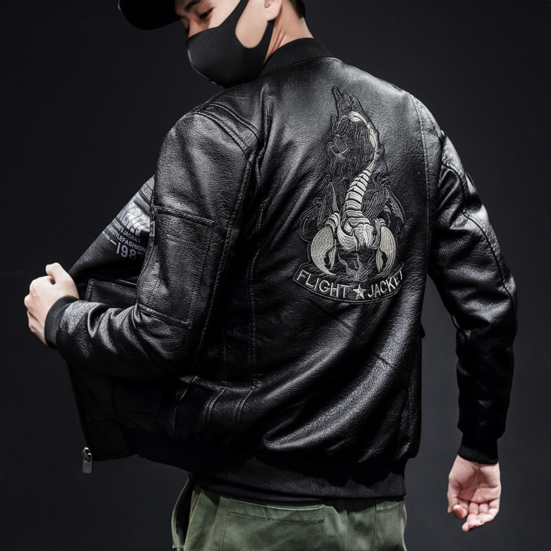 GrogeousBen  Men's Autumn Scorpion Embroidery Men's Leather Lapel PU Leather Motorcycle Jacket