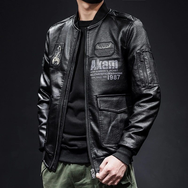 GrogeousBen  Men's Autumn Scorpion Embroidery Men's Leather Lapel PU Leather Motorcycle Jacket