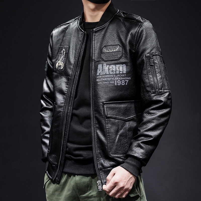 GrogeousBen  Men's Autumn Scorpion Embroidery Men's Leather Lapel PU Leather Motorcycle Jacket