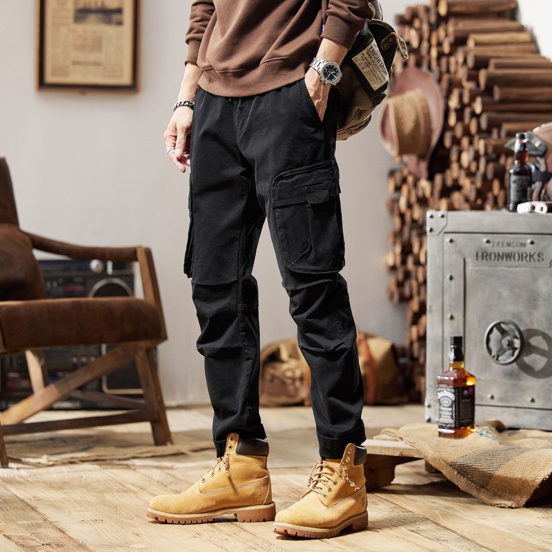 GrogeousBen  Men's New Multi-Pockets Spring Summer Cargo Pants Men Streetwear Zipper Leg Skinny Work Joggers Cotton Casual Trousers