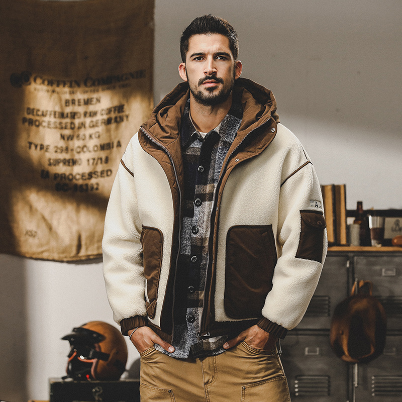 GrogeousBen  Men's Men's winter short hooded thick winter coat 2023 new lamb wool coat for men autumn and winter