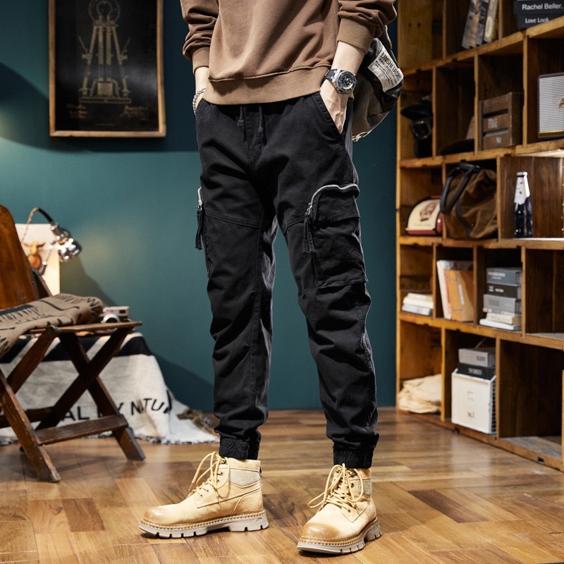 GrogeousBen  Men's Custom Logo Printed Streetwear Cotton Elastic Multi Pocket Outdoor Cargo Pants Tactical Work Trousers