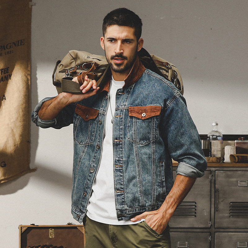 GrogeousBen  Men's American retro distressed denim jacket men's autumn and winter fashion brand loose trend punk handsome lapel workwear jacket.