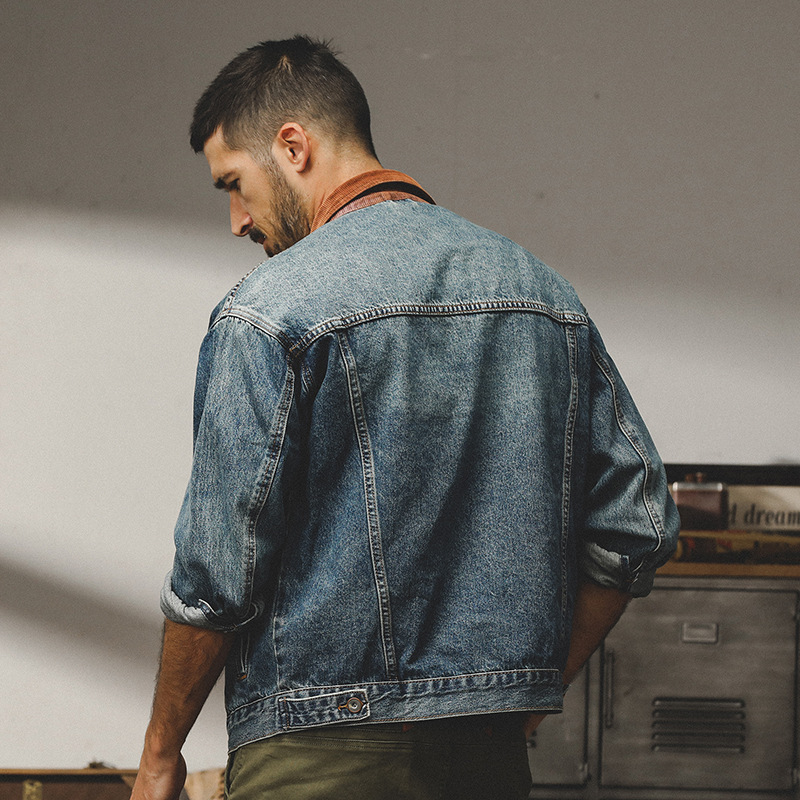 GrogeousBen  Men's American retro distressed denim jacket men's autumn and winter fashion brand loose trend punk handsome lapel workwear jacket.