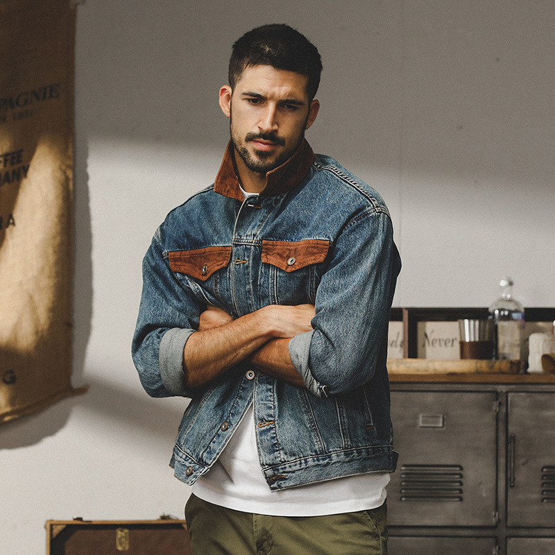 GrogeousBen  Men's American retro distressed denim jacket men's autumn and winter fashion brand loose trend punk handsome lapel workwear jacket.