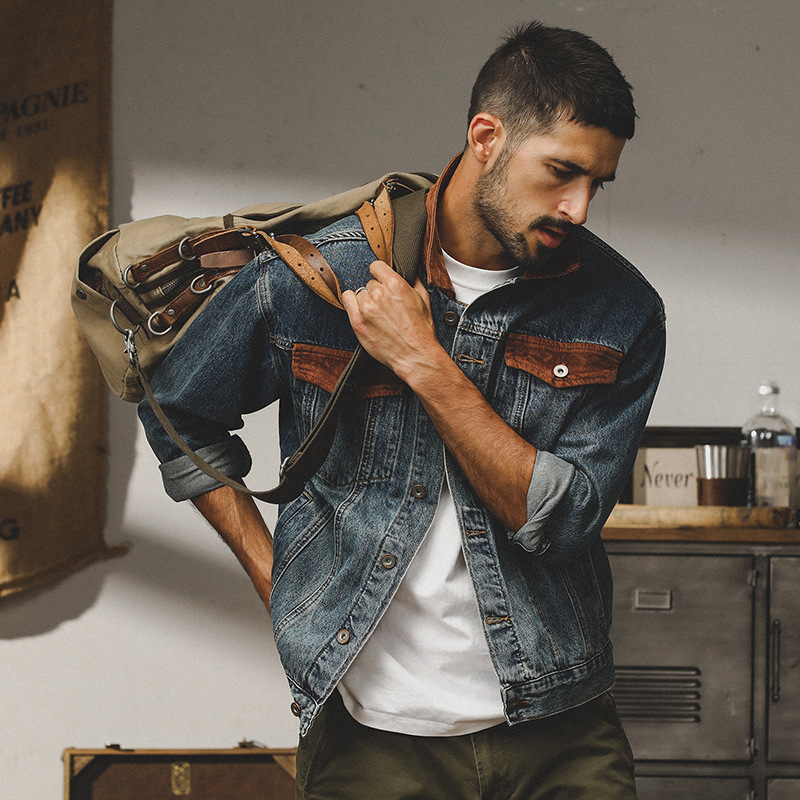 GrogeousBen  Men's American retro distressed denim jacket men's autumn and winter fashion brand loose trend punk handsome lapel workwear jacket.