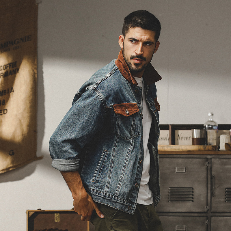 GrogeousBen  Men's American retro distressed denim jacket men's autumn and winter fashion brand loose trend punk handsome lapel workwear jacket.