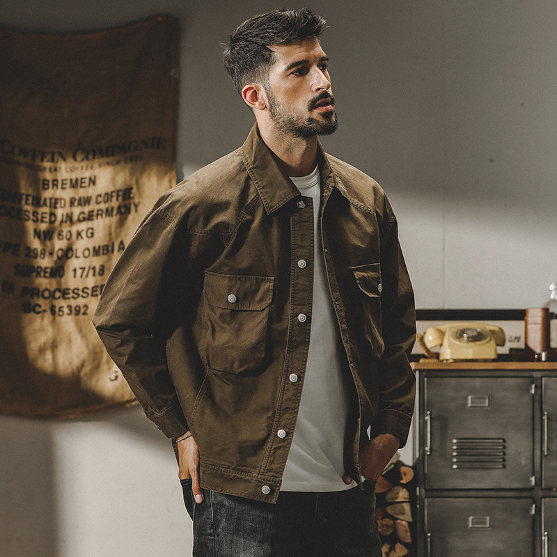 GrogeousBen  Men's American-style heavy retro work jacket men's autumn and winter loose trendy handsome denim hunting jacket coat.