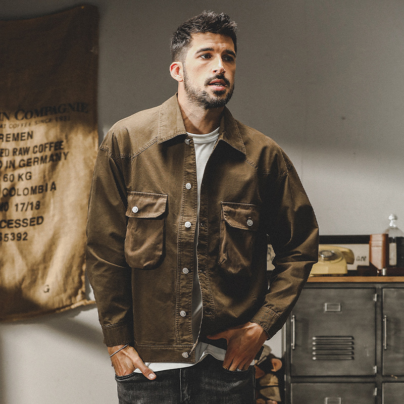 GrogeousBen  Men's American-style heavy retro work jacket men's autumn and winter loose trendy handsome denim hunting jacket coat.