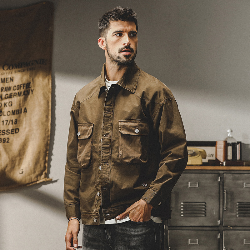 GrogeousBen  Men's American-style heavy retro work jacket men's autumn and winter loose trendy handsome denim hunting jacket coat.