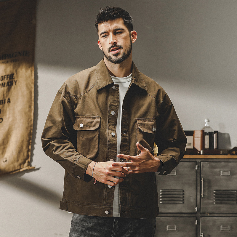 GrogeousBen  Men's American-style heavy retro work jacket men's autumn and winter loose trendy handsome denim hunting jacket coat.