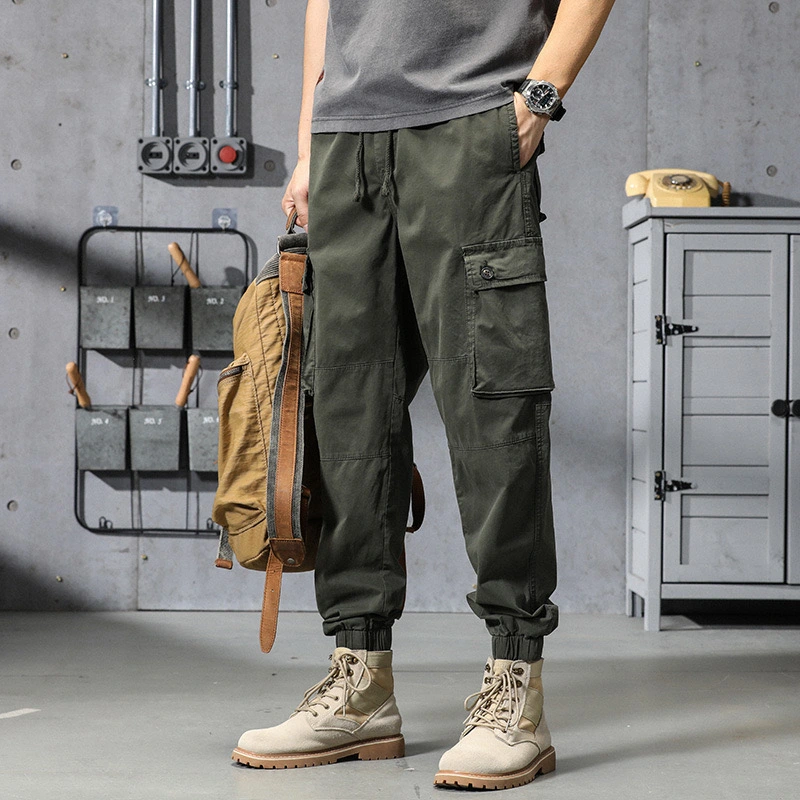 GrogeousBen  Men's  Casual pants men's large size loose multi-pocket outdoor work clothes retro ankle-tied pure cotton overalls men's