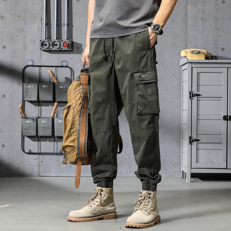GrogeousBen  Men's  Casual pants men's large size loose multi-pocket outdoor work clothes retro ankle-tied pure cotton overalls men's
