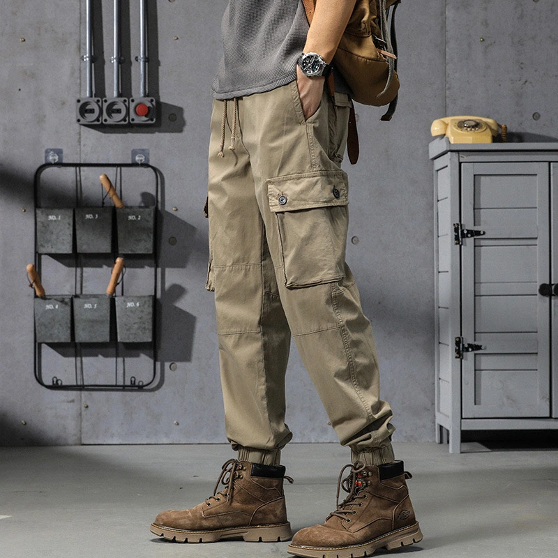 GrogeousBen  Men's  Casual pants men's large size loose multi-pocket outdoor work clothes retro ankle-tied pure cotton overalls men's