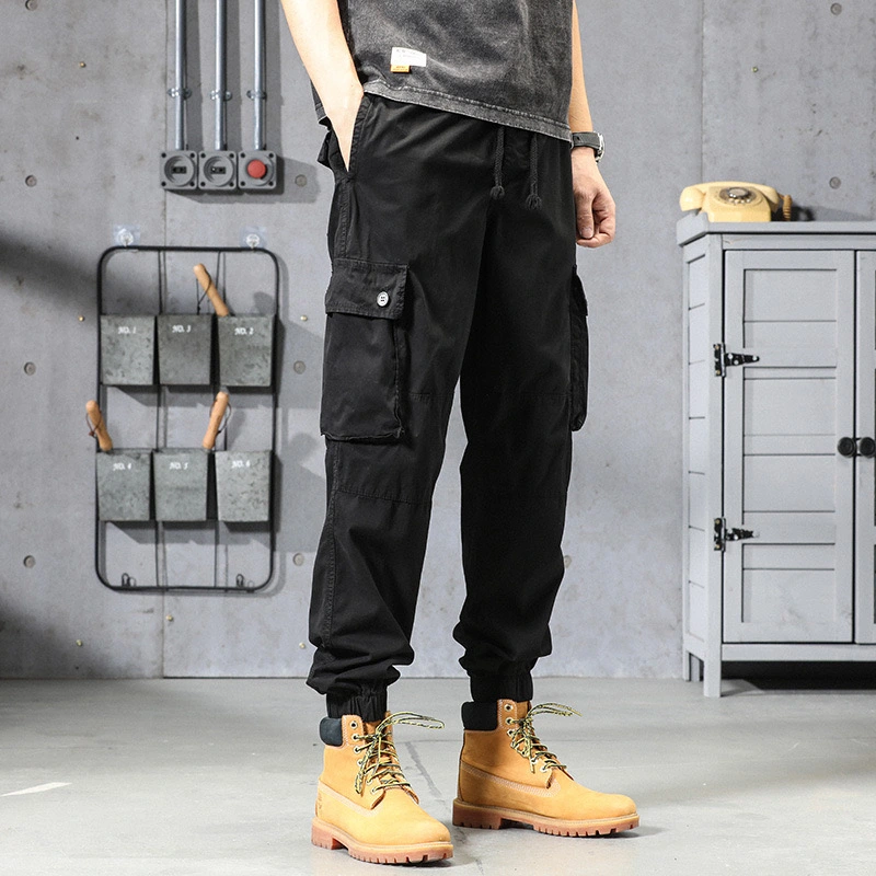 GrogeousBen  Men's  Casual pants men's large size loose multi-pocket outdoor work clothes retro ankle-tied pure cotton overalls men's