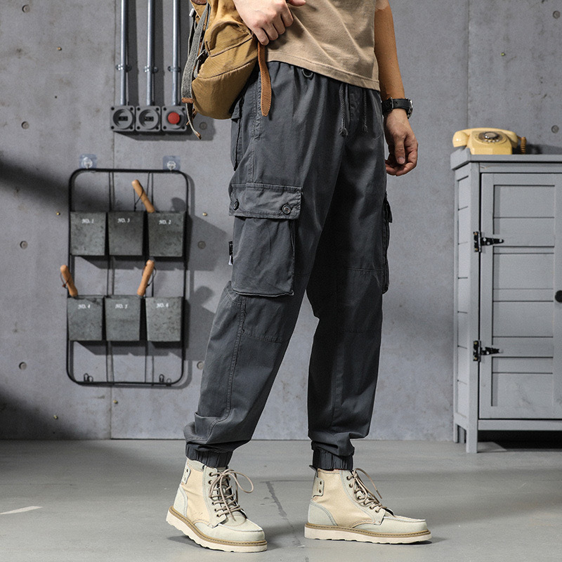 GrogeousBen  Men's  Casual pants men's large size loose multi-pocket outdoor work clothes retro ankle-tied pure cotton overalls men's