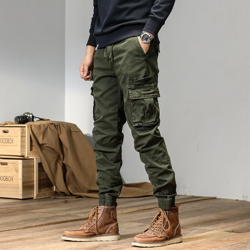 GrogeousBen  Men's Washed-out Vintage Casual Pants Men's Ankle-Tied Zipper Overalls Men's Multi-Pocket Trousers Sports Cotton Elastic Pants