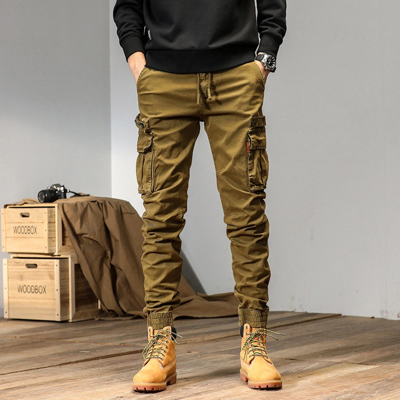 GrogeousBen  Men's Washed-out Vintage Casual Pants Men's Ankle-Tied Zipper Overalls Men's Multi-Pocket Trousers Sports Cotton Elastic Pants