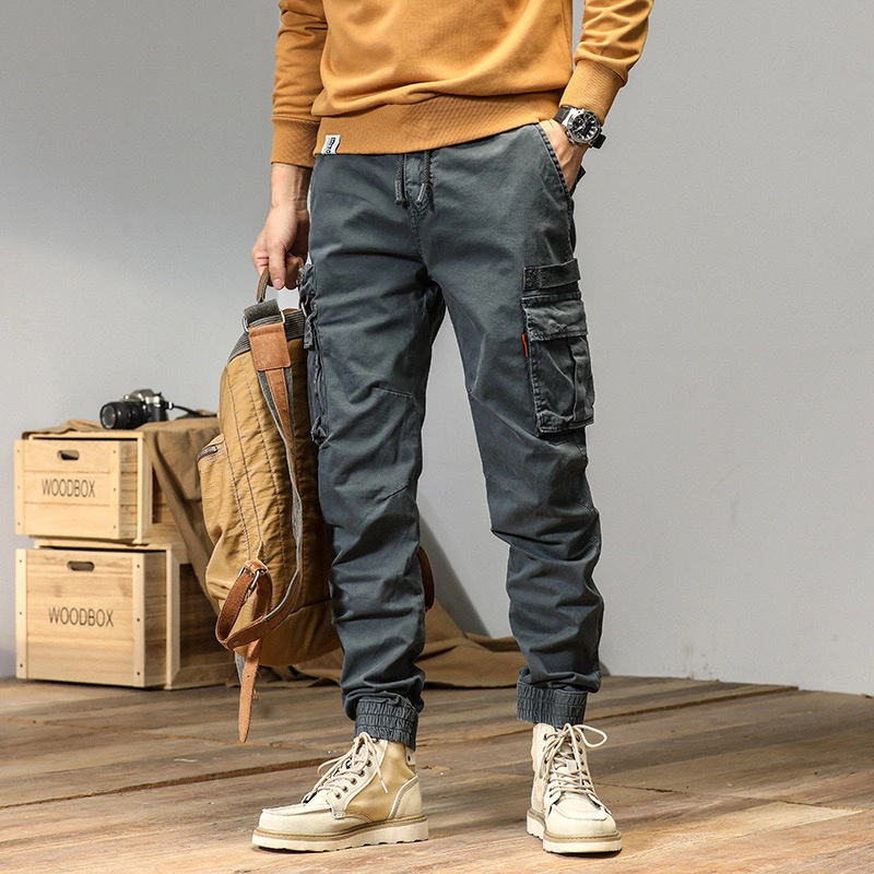 GrogeousBen  Men's Washed-out Vintage Casual Pants Men's Ankle-Tied Zipper Overalls Men's Multi-Pocket Trousers Sports Cotton Elastic Pants