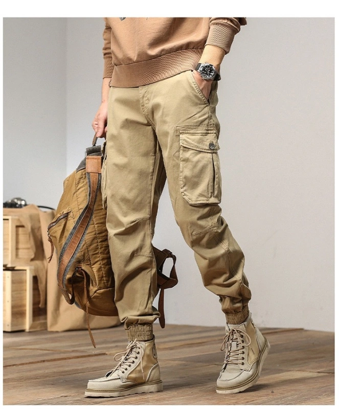 GrogeousBen  Men's  Streetwear Zipper Leg Skinny Work Joggers Casual Trousers Multi Pockets Cotton Cargo Pants