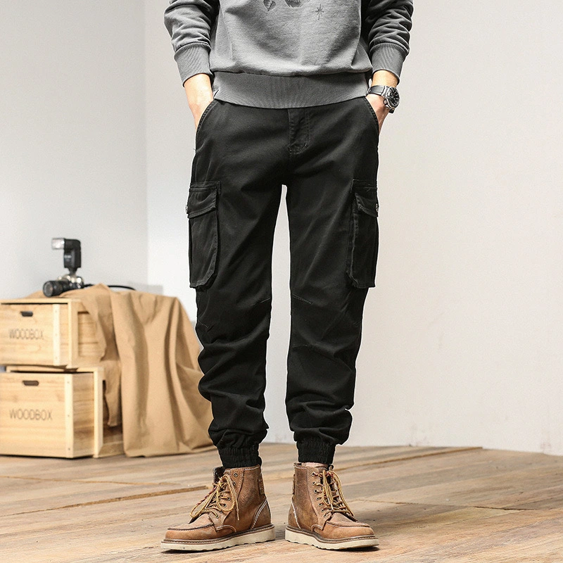 GrogeousBen  Men's  Streetwear Zipper Leg Skinny Work Joggers Casual Trousers Multi Pockets Cotton Cargo Pants