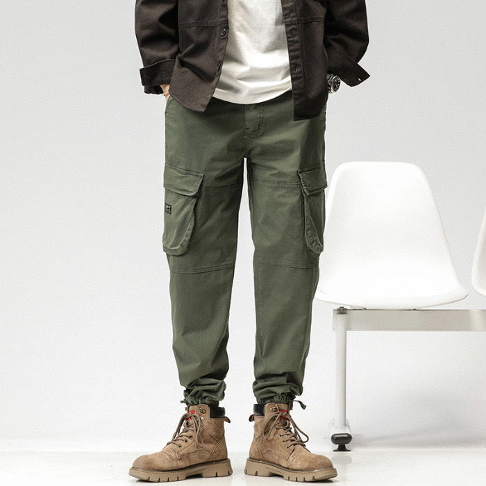 GrogeousBen  Men's Cargo Tactical Pant Men Multi-bag Vertical Multifunctional Straight Canister Foot Pant Draw Rope Army Green Casual Trouser