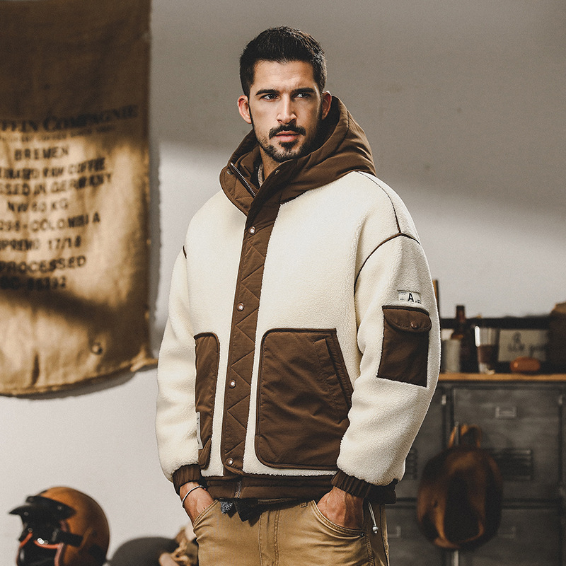 GrogeousBen  Men's  winter short hooded thick winter coat 2023 new lamb wool coat for men autumn and winter