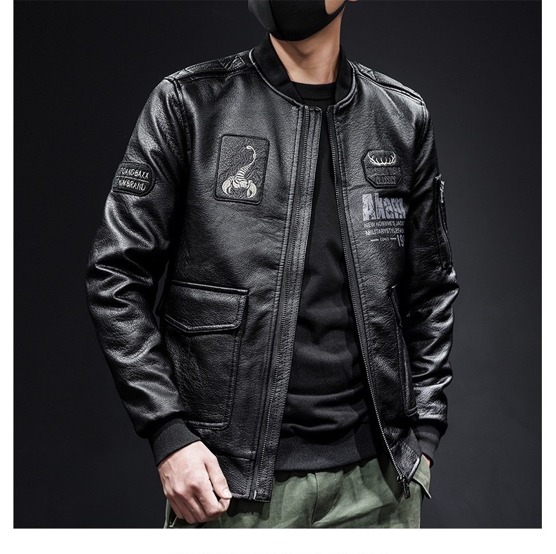 GrogeousBen  Men's Autumn Scorpion Embroidery Men's Leather Lapel PU Leather Motorcycle Jacket