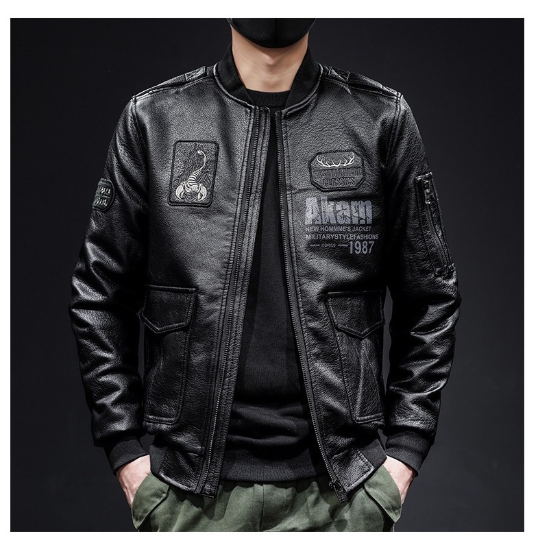 GrogeousBen  Men's Autumn Scorpion Embroidery Men's Leather Lapel PU Leather Motorcycle Jacket