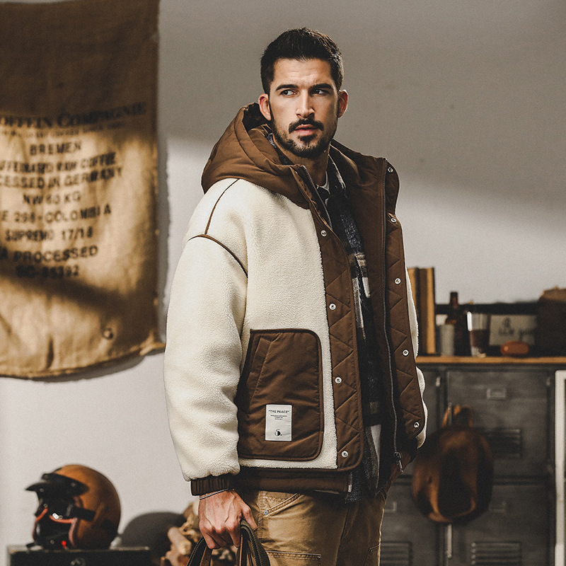 GrogeousBen  Men's  winter short hooded thick winter coat 2023 new lamb wool coat for men autumn and winter