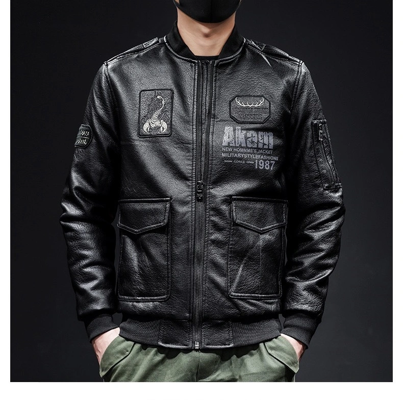 GrogeousBen  Men's Autumn Scorpion Embroidery Men's Leather Lapel PU Leather Motorcycle Jacket