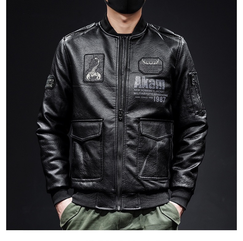 GrogeousBen  Men's Autumn Scorpion Embroidery Men's Leather Lapel PU Leather Motorcycle Jacket