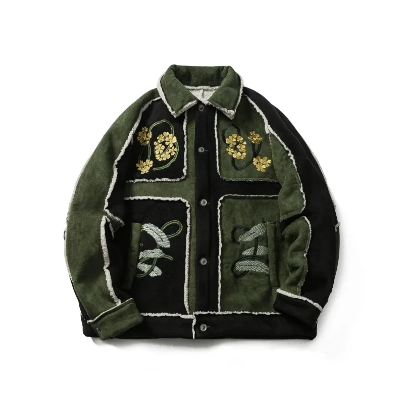 GrogeousBen  Unisex American high-street fashion brand, contrasting color stitching suede lamb wool cotton-padded jacket, designed with a sense of winter clothing, thickened and warm.