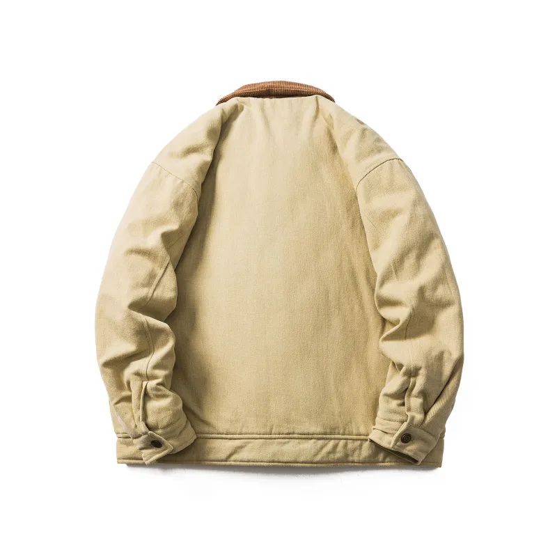 GrogeousBen  Unisex Winter new small design sense of corduroy splicing lapel cotton coat retro paste label workwear cotton jacket