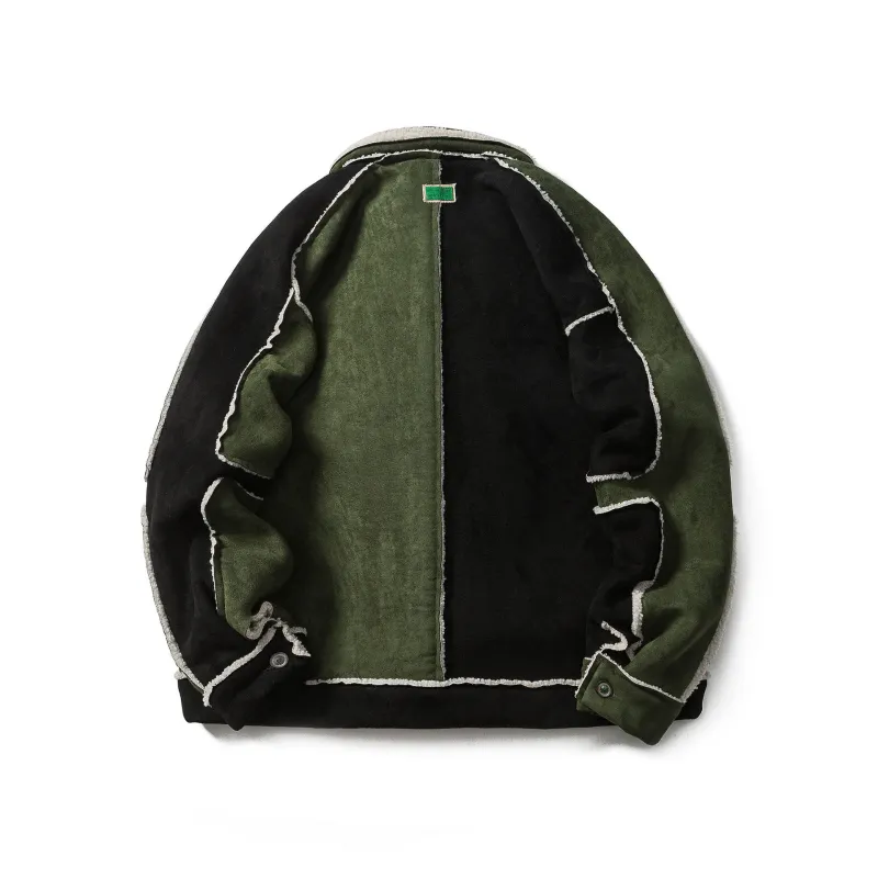 GrogeousBen  Unisex American high-street fashion brand, contrasting color stitching suede lamb wool cotton-padded jacket, designed with a sense of winter clothing, thickened and warm.