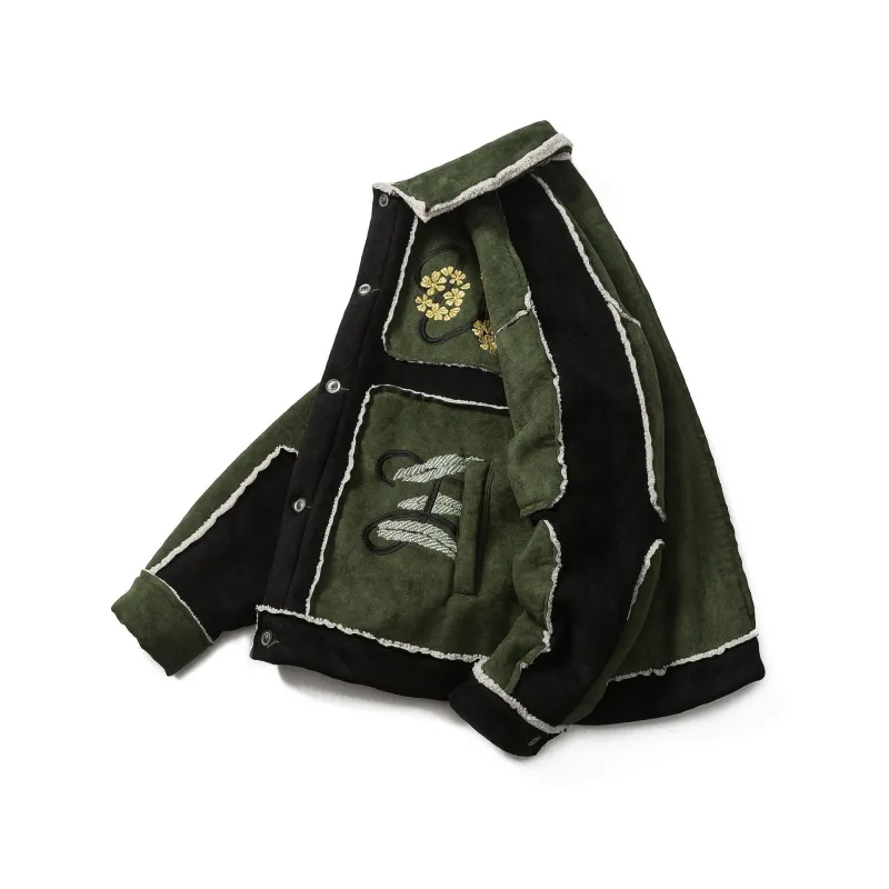 GrogeousBen  Unisex American high-street fashion brand, contrasting color stitching suede lamb wool cotton-padded jacket, designed with a sense of winter clothing, thickened and warm.