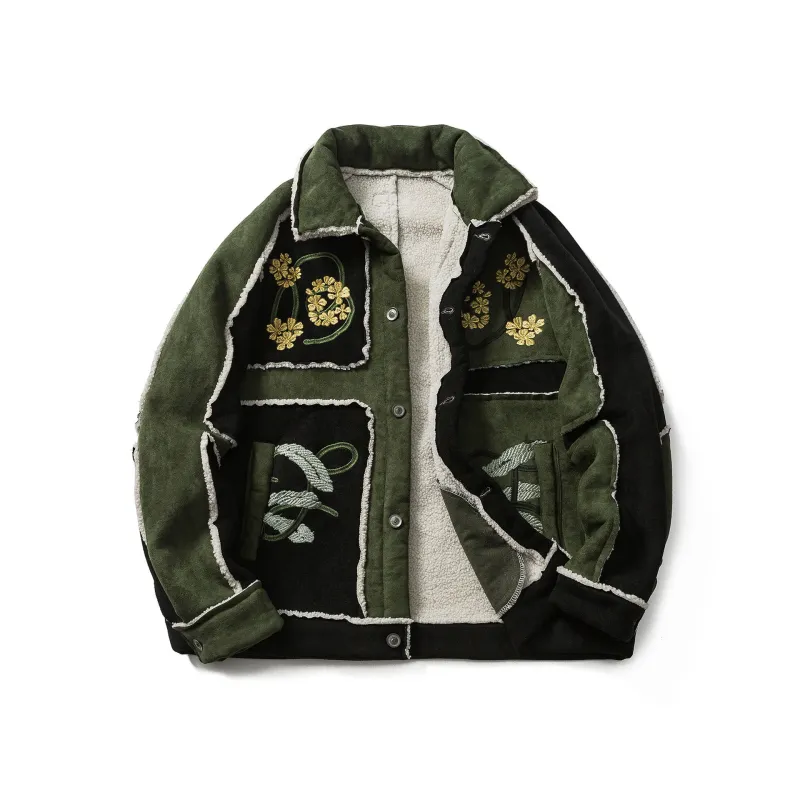 GrogeousBen  Unisex American high-street fashion brand, contrasting color stitching suede lamb wool cotton-padded jacket, designed with a sense of winter clothing, thickened and warm.
