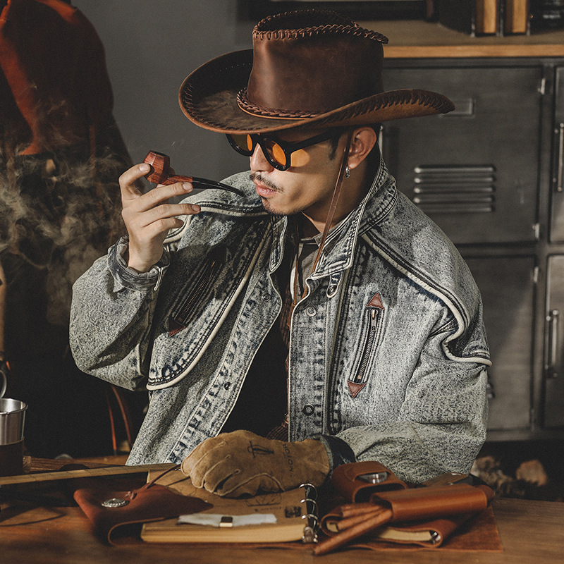 GrogeousBen  Men's washed denim jacket, winter American classic retro loose trend handsome motorcycle jacket.