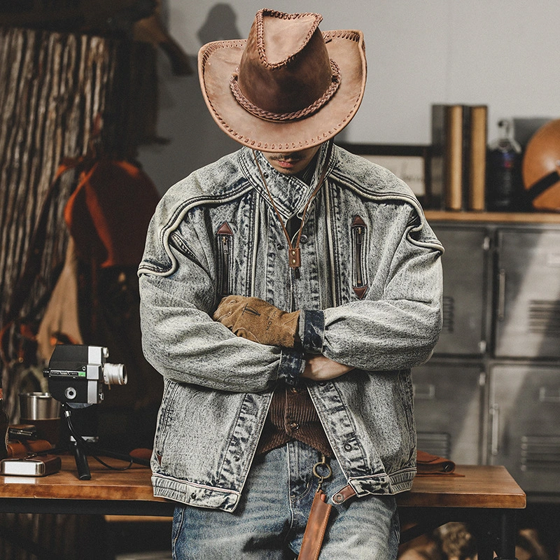 GrogeousBen  Men's washed denim jacket, winter American classic retro loose trend handsome motorcycle jacket.