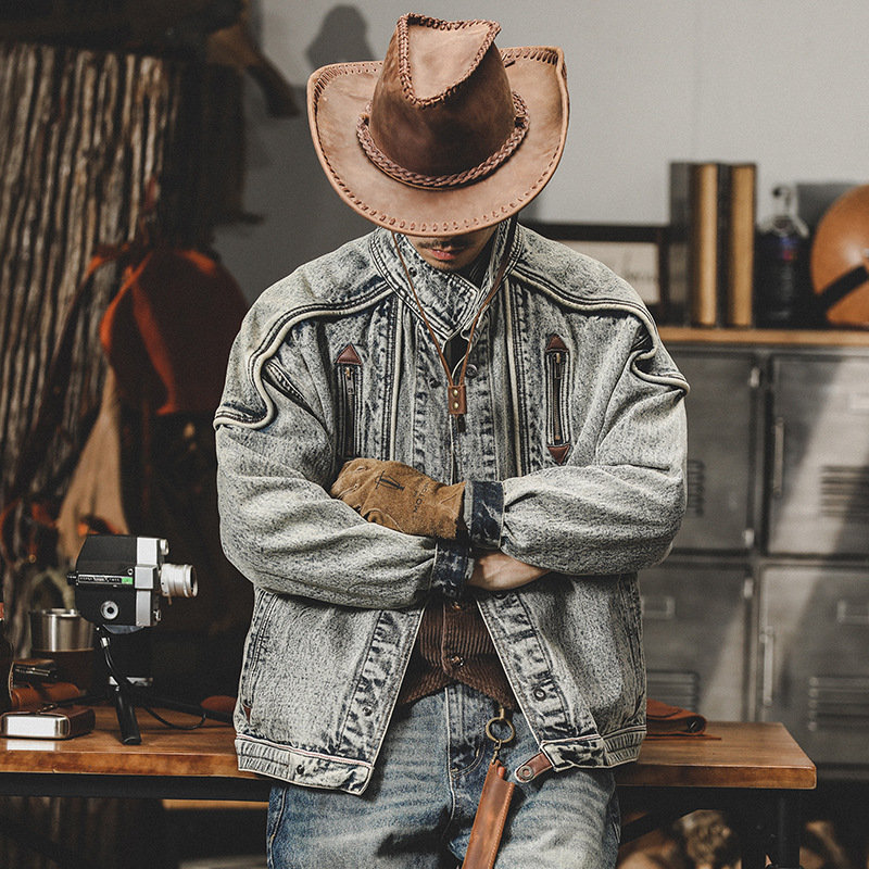 GrogeousBen  Men's washed denim jacket, winter American classic retro loose trend handsome motorcycle jacket.