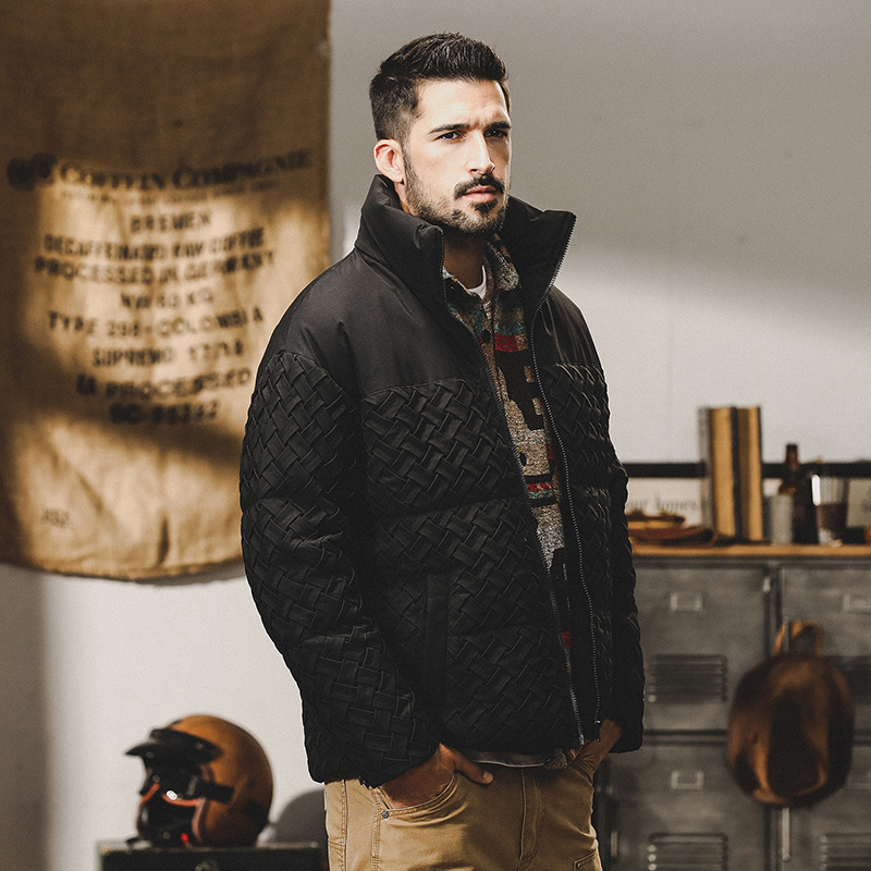GrogeousBen  Men's down jacket with hood, short and loose style, trendy and thickened workwear outerwear for winter.