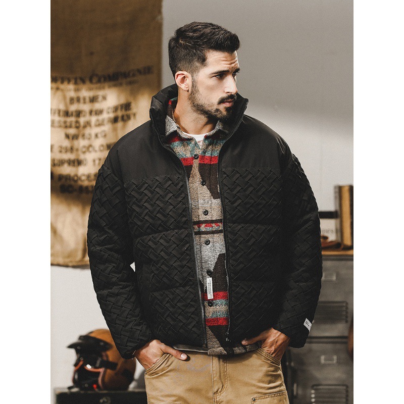 GrogeousBen  Men's down jacket with hood, short and loose style, trendy and thickened workwear outerwear for winter.