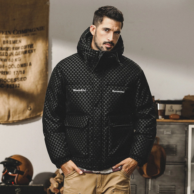 GrogeousBen  Men's down jacket with hood, short and loose style, trendy and thickened workwear outerwear for winter.