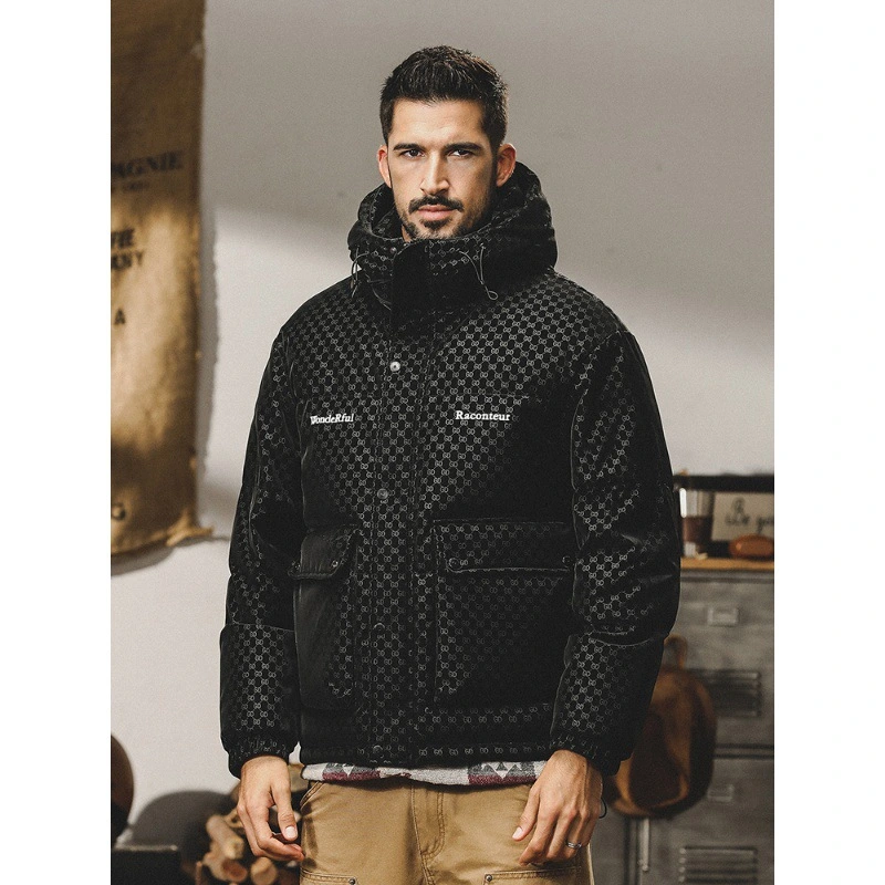 GrogeousBen  Men's down jacket with hood, short and loose style, trendy and thickened workwear outerwear for winter.