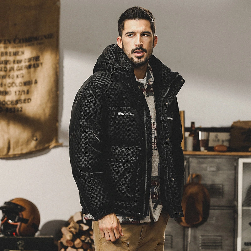 GrogeousBen  Men's down jacket with hood, short and loose style, trendy and thickened workwear outerwear for winter.