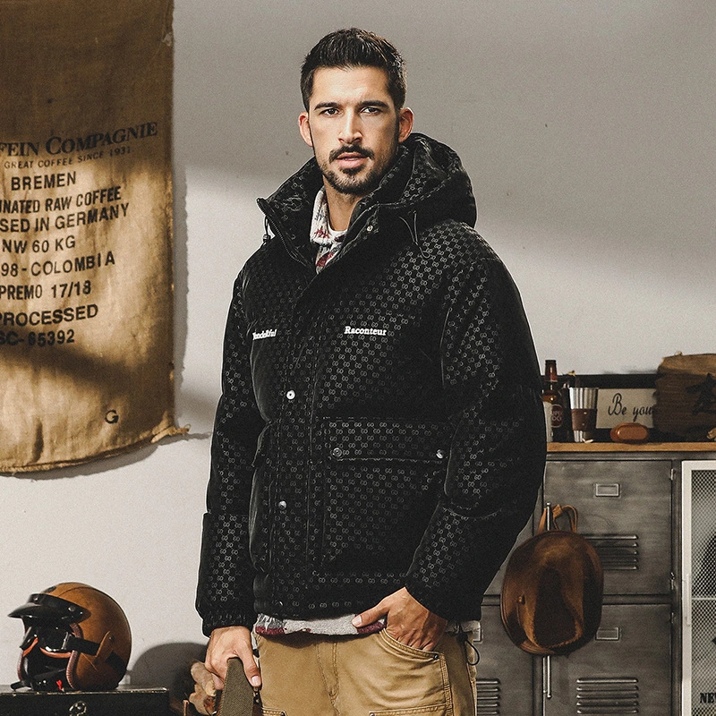 GrogeousBen  Men's down jacket with hood, short and loose style, trendy and thickened workwear outerwear for winter.