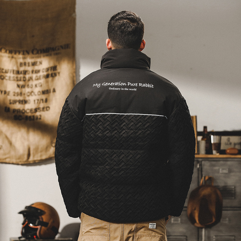 GrogeousBen  Men's down jacket with hood, short and loose style, trendy and thickened workwear outerwear for winter.