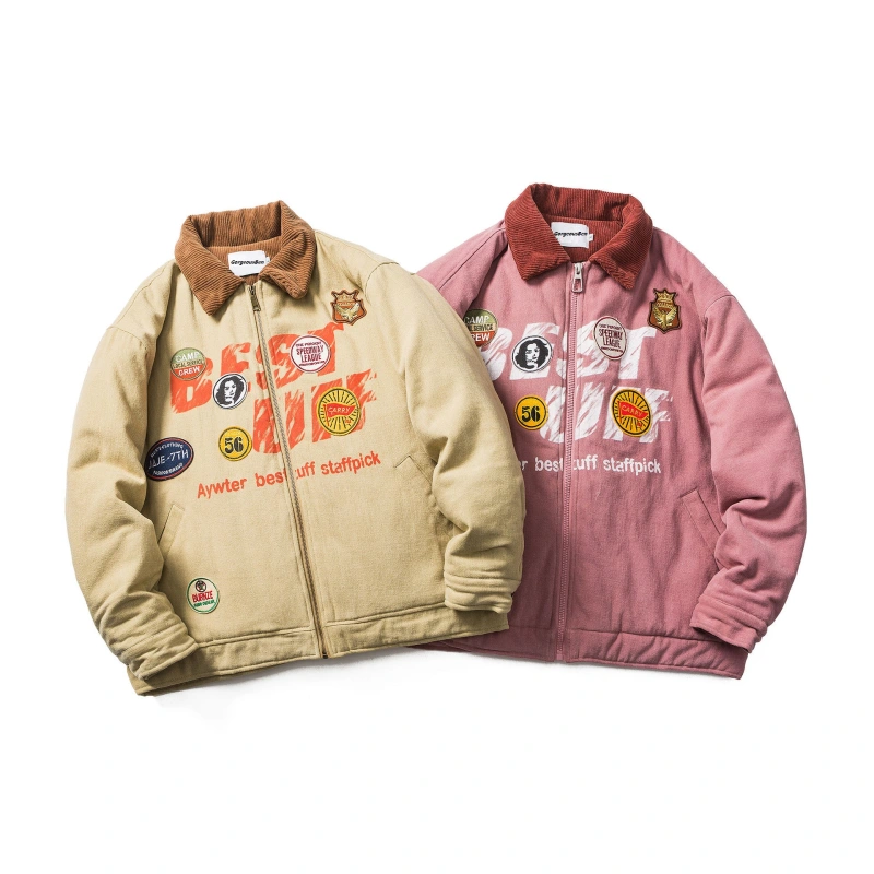 GrogeousBen  Unisex Winter new small design sense of corduroy splicing lapel cotton coat retro paste label workwear cotton jacket