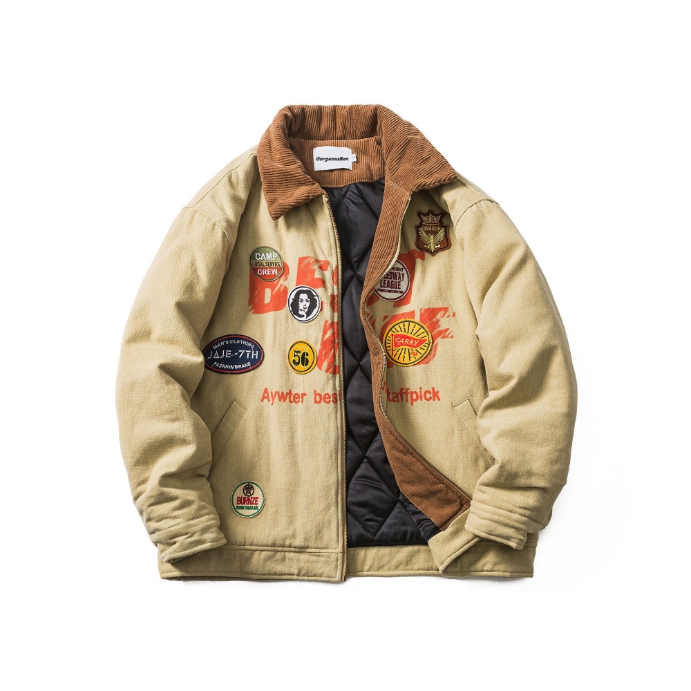 GrogeousBen  Unisex Winter new small design sense of corduroy splicing lapel cotton coat retro paste label workwear cotton jacket